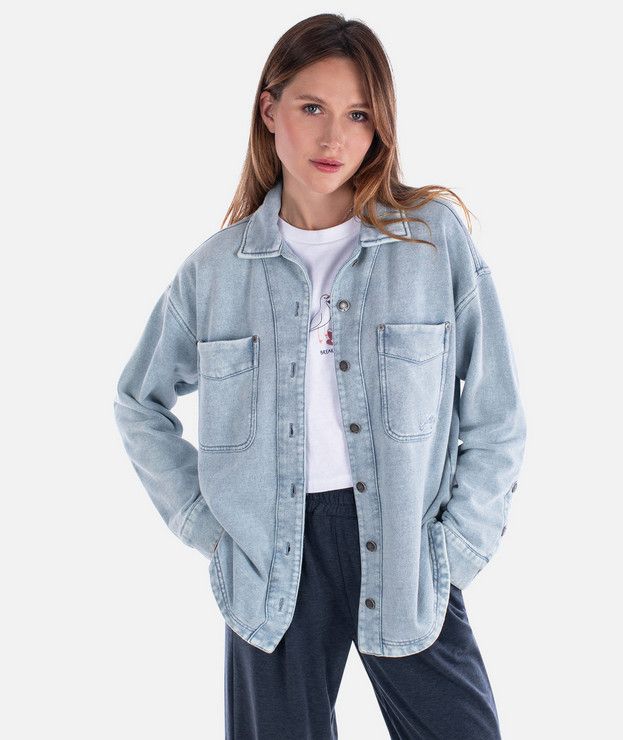 MAIN IMAGE OF JETTY WOMENS EDEN KNIT LONG SLEEVE SHIRT IN DENIM SMALL WITH LARGE CHEST POCKETS AND …