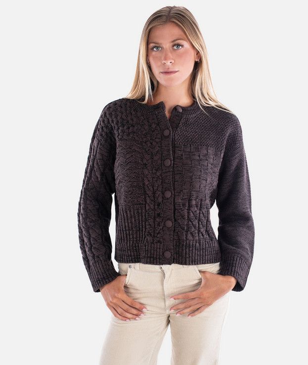 FRONT VIEW OF JETTY WOMENS QUINCY PATCHWORK CARDIGAN SWEATER FEATURES YARN COVERED BUTTONS, CREW NE…