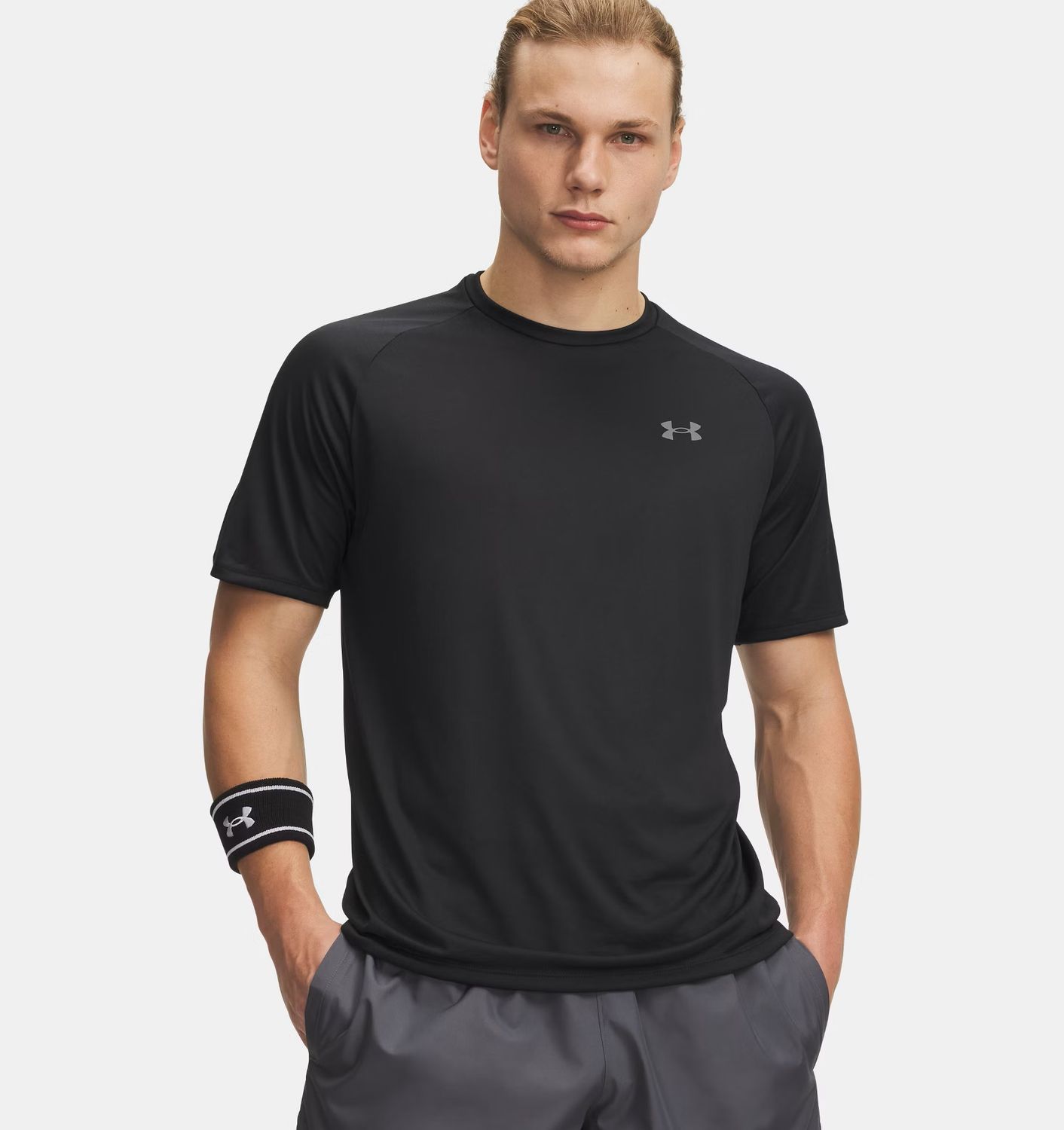 MAIN IMAGE OF UNDER ARMOUR MENS UA TECH 20 SHORT SLEEVE SHIRT IN BLACK/GRAPHITE XXXXLT WITH WICKS S…