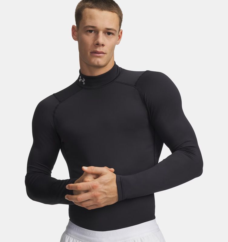 FRONT VIEW OF UNDER ARMOUR MENS COLDGEAR® FITTED MOCK BASELAYER TOP FEATURES 4-WAY STRETCH AND KEEP…