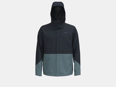 FRONT VIEW OF UNDER ARMOUR MENS UA PORTER 3-IN-1 COLORBLOCK WINTER JACKET FEATURES ADJUSTABLE HOOD …
