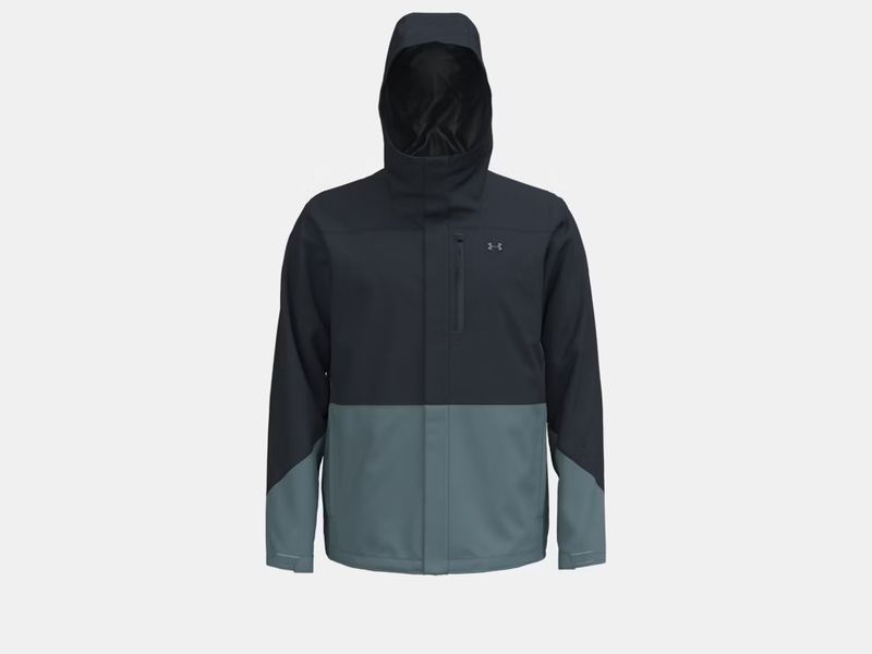 FRONT VIEW OF UNDER ARMOUR MENS UA PORTER 3-IN-1 COLORBLOCK WINTER JACKET FEATURES ADJUSTABLE HOOD …