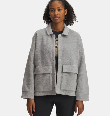 FRONT VIEW OF UNDER ARMOUR WOMENS UA EXPANSE FLEECE SHACKET SWEATER FEATURES 4-WAY STRETCH AND SWEA…