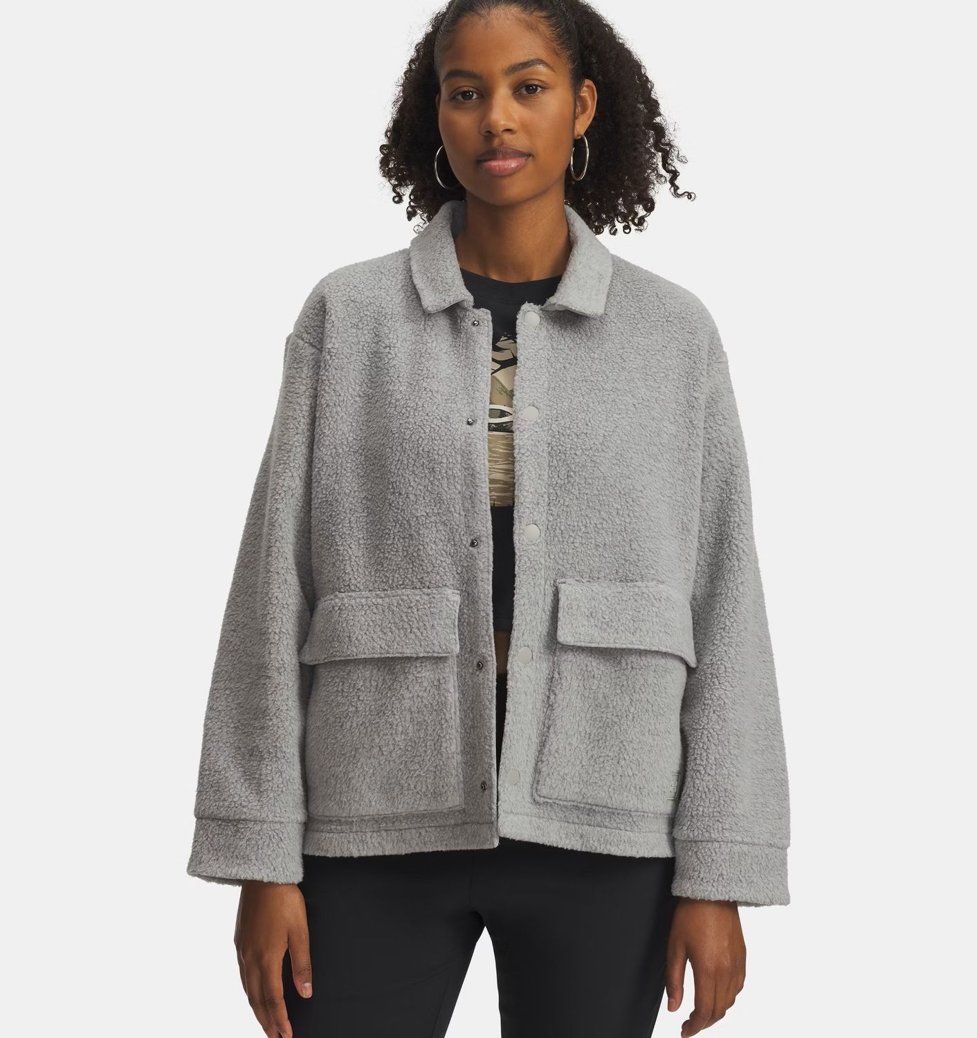 MAIN IMAGE OF UNDER ARMOUR WOMENS UA EXPANSE FLEECE SHACKET SWEATER IN MOD GRAY FULL HEATHER/WHITE …