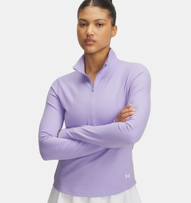 FRONT VIEW OF UNDER ARMOUR WOMENS UA MOTION ½ ZIP SWEATER FEATURES 4-WAY STRETCH FOR EASY MOVEMENT …