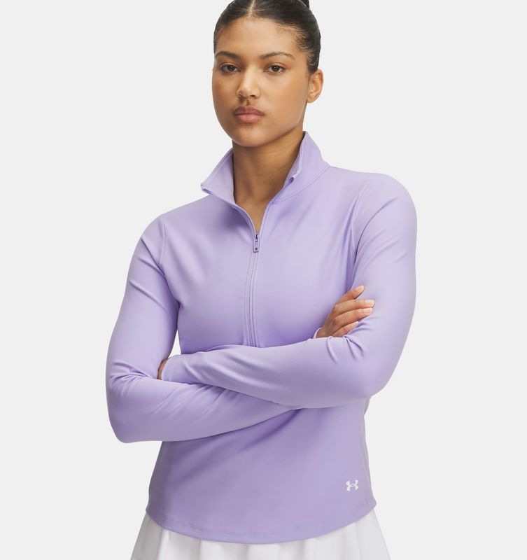 FRONT VIEW OF UNDER ARMOUR WOMENS UA MOTION ½ ZIP SWEATER FEATURES 4-WAY STRETCH FOR EASY MOVEMENT …