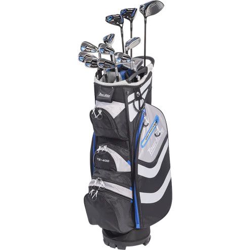 TOUR EDGE MENS 13-PIECE TE-400 CART BAG BOX SET 25, Hand: RIGHT, Shaft: REGULAR GRAPHITE, Color: BLACK/GREY/BLUE