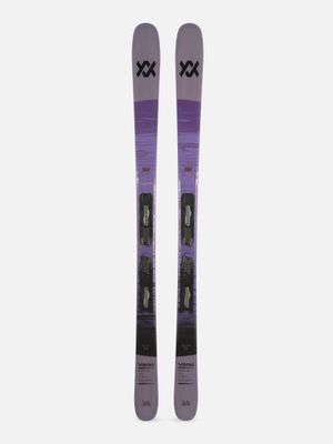 TOPSHEET VIEW OF VOLKL WOMENS BLAZE 82 PURPLE + VMOTION 10 DOWNHILL SKIS FEATURES FULL SIDEWALL AND…