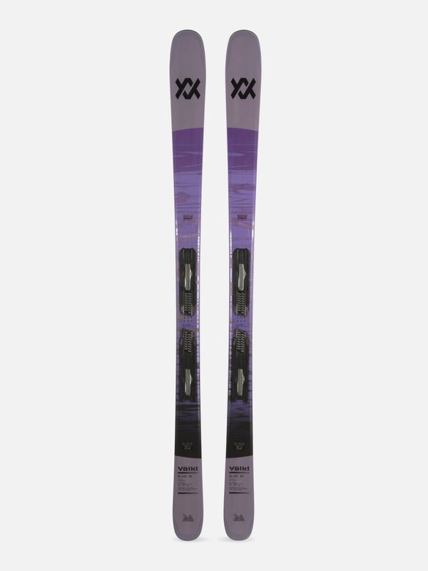 TOPSHEET VIEW OF VOLKL WOMENS BLAZE 82 PURPLE + VMOTION 10 DOWNHILL SKIS FEATURES FULL SIDEWALL AND…