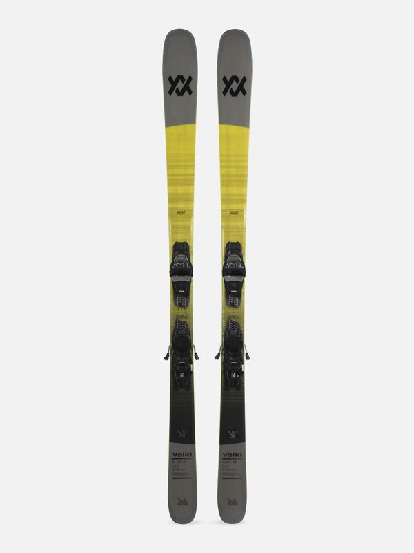 TOPSHEET VIEW OF VOLKL UNISEX BLAZE 82 GREY + VMOTION 10 DOWNHILL SKIS FEATURES FULL SIDEWALL AND M…
