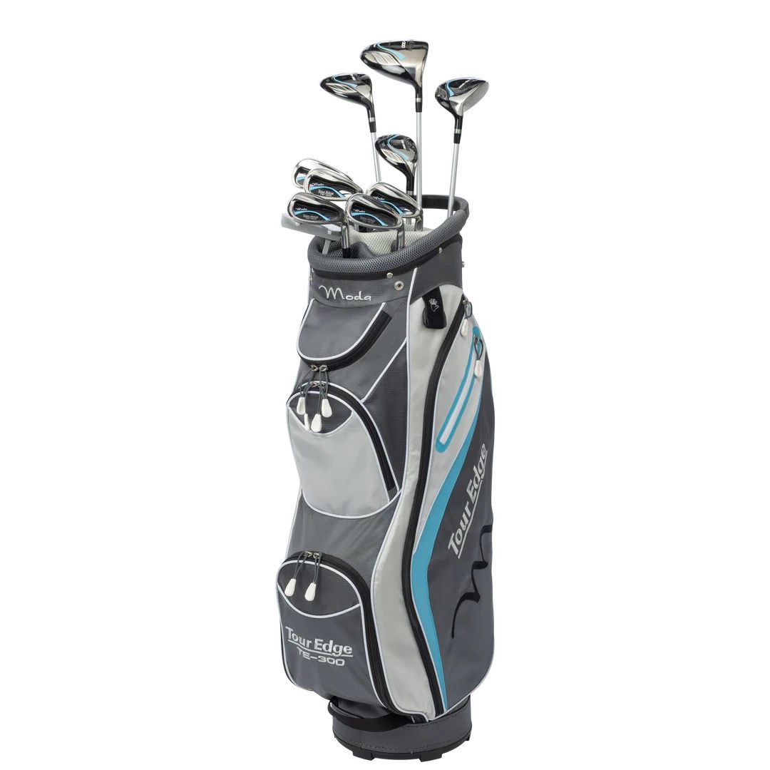 TOUR EDGE WOMENS TE-300 MODA 11- PIECE CART BAG BOX SET 25, Hand: RIGHT, Shaft: LADIES GRAPHITE -1", Color: BLACK/SILVER/BLUE