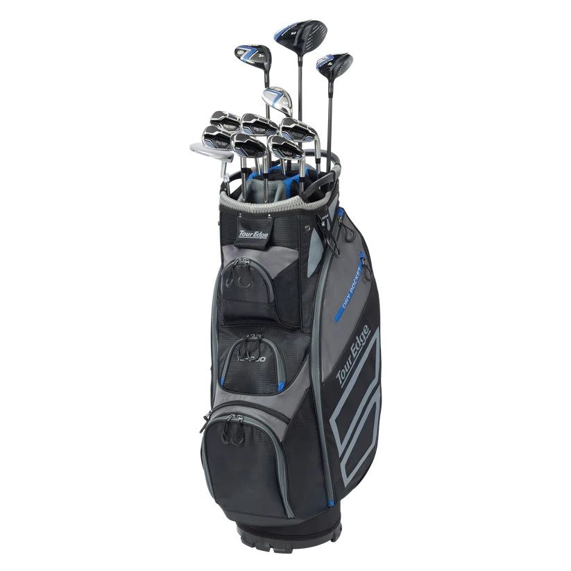 TOUR EDGE MENS 12-PIECE TE-300 CART BAG BOX SET 25, Hand: RIGHT, Shaft: REGULAR STEEL, Color: GREY/BLUE