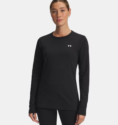 FRONT VIEW OF UNDER ARMOUR WOMENS UA BASE 3.0 BASELAYER TOP FEATURES MIDWEIGHT WARMTH AND 4-WAY STR…