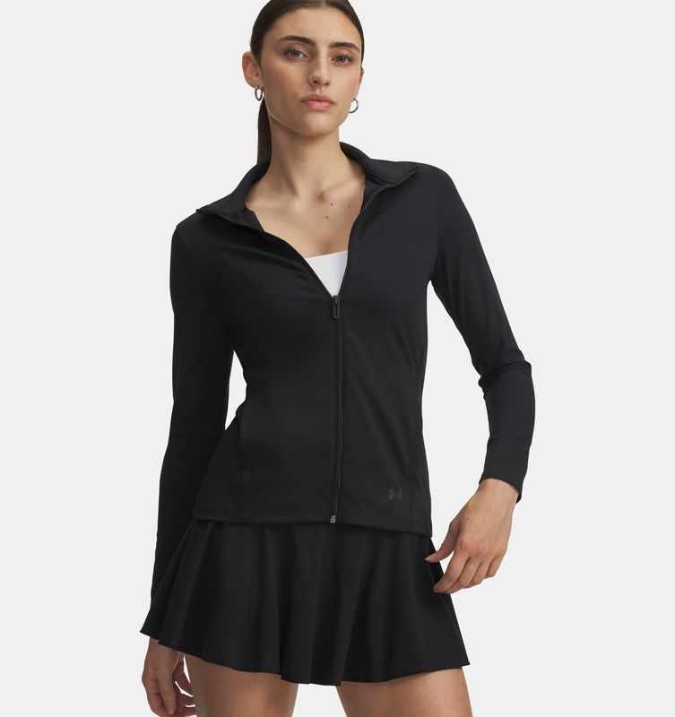 FRONT VIEW OF UNDER ARMOUR WOMENS UA MOTION SOFTSHELL JACKET FEATURES 4-WAY STRETCH AND OPEN HAND P…