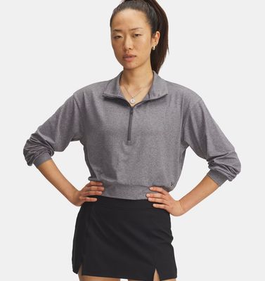 FRONT VIEW OF UNDER ARMOUR WOMENS UA MOTION LOUNGE SWEATER FEATURES MOISTURE WICKING AND 4-WAY STRE…