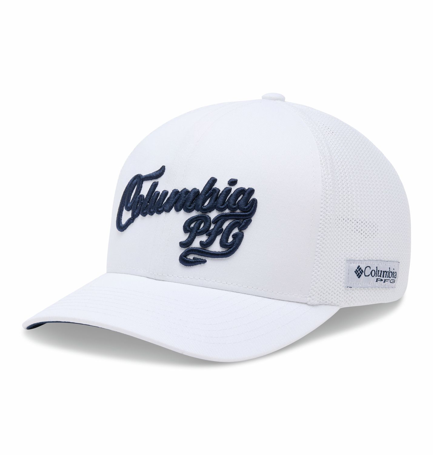 MAIN IMAGE OF COLUMBIA UNISEX PFG PATCH™ MESH BALL CAP IN WHITE/SCRIPT LOGO S/M WITH FLEXFIT® FITTE…