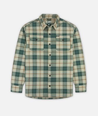 FRONT VIEW OF JETTY MENS BREAKER FLANNEL FEATURES LARGE DOUBLE CHEST POCKETS, 100% ORGANIC COTTON, …