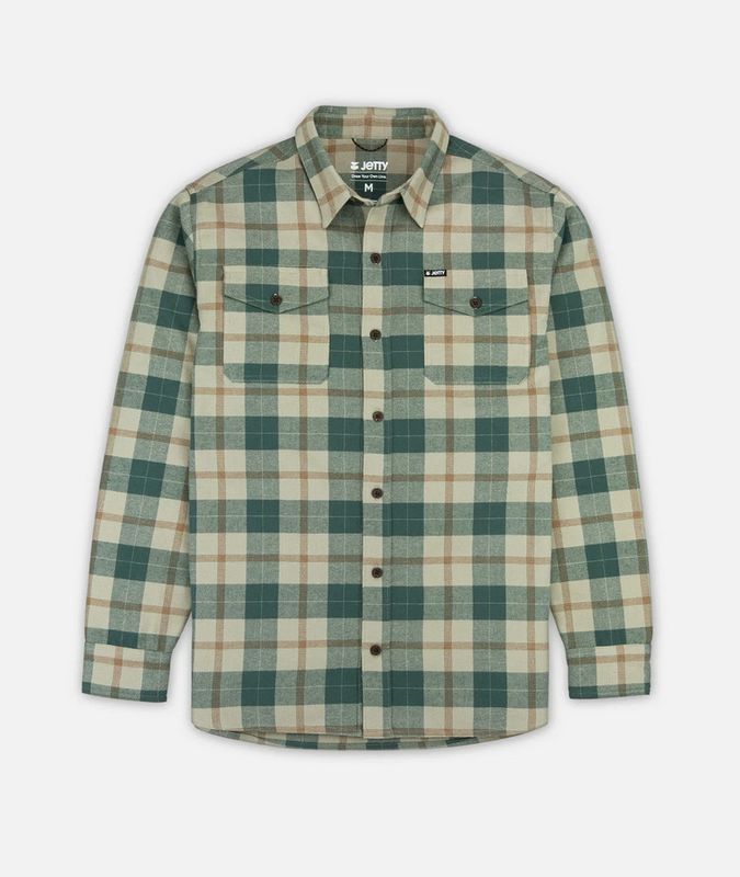 FRONT VIEW OF JETTY MENS BREAKER FLANNEL FEATURES LARGE DOUBLE CHEST POCKETS, 100% ORGANIC COTTON, …