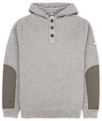 FRONT VIEW OF JETTY MENS BARNACLE KNIT HOODIE FEATURES DURABLE SLEEVE PATCHES, HENLEY HOOD, AND HOR…