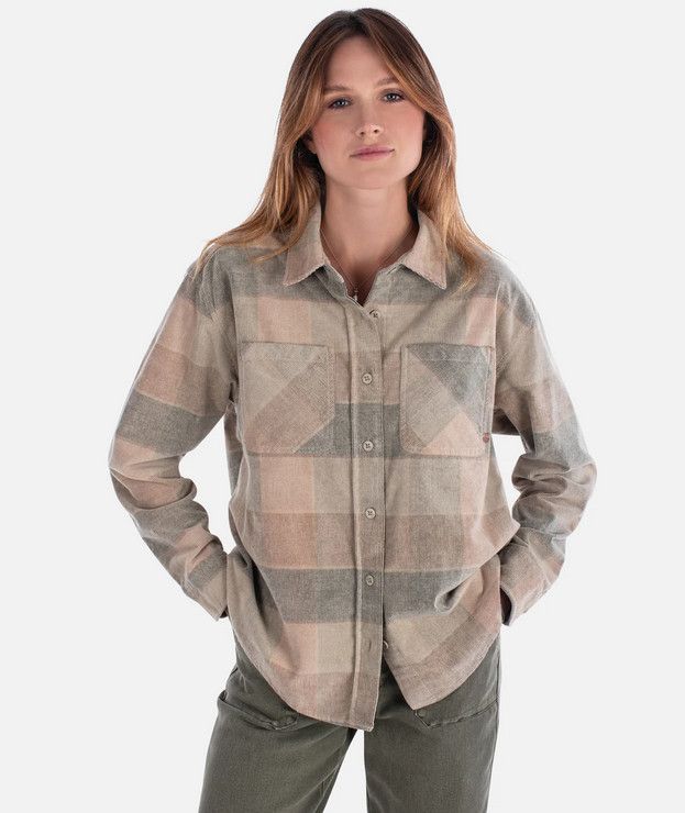 FRONT VIEW OF JETTY WOMENS ALPINE CORDUROY LONG SLEEVE SHIRT FEATURES LARGE DOUBLE CHEST POCKETS AN…