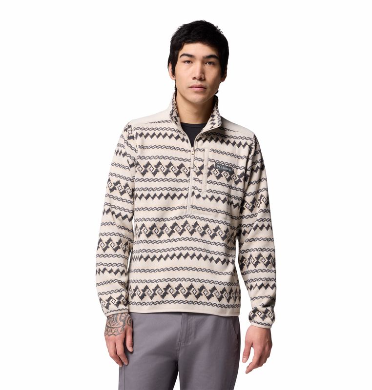 FRONT VIEW OF COLUMBIA MENS SWEATER WEATHER™ PRINTED HALF ZIP II SWEATER FEATURES MEDIUM WARMTH AND…