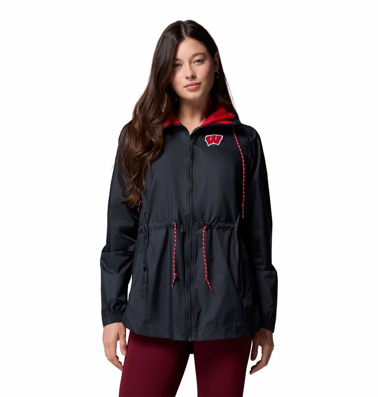 FRONT VIEW OF COLUMBIA WOMENS CLG LILY PARK™ RAIN JACKET FEATURES BREATHABLE WATERPROOFING AND ADJU…