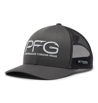 FRONT VIEW OF COLUMBIA UNISEX PFG HOOKS™ MESH SNAP BACK CAP FEATURES ADJUSTABLE BACK CLOSURE AND HI…