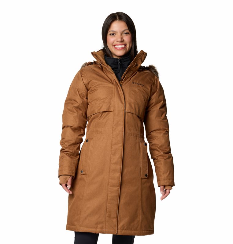 FRONT VIEW OF COLUMBIA WOMENS APRES ARSON™ II WINTER LONG DOWN WINTER JACKET FEATURES WARM DOWN INS…