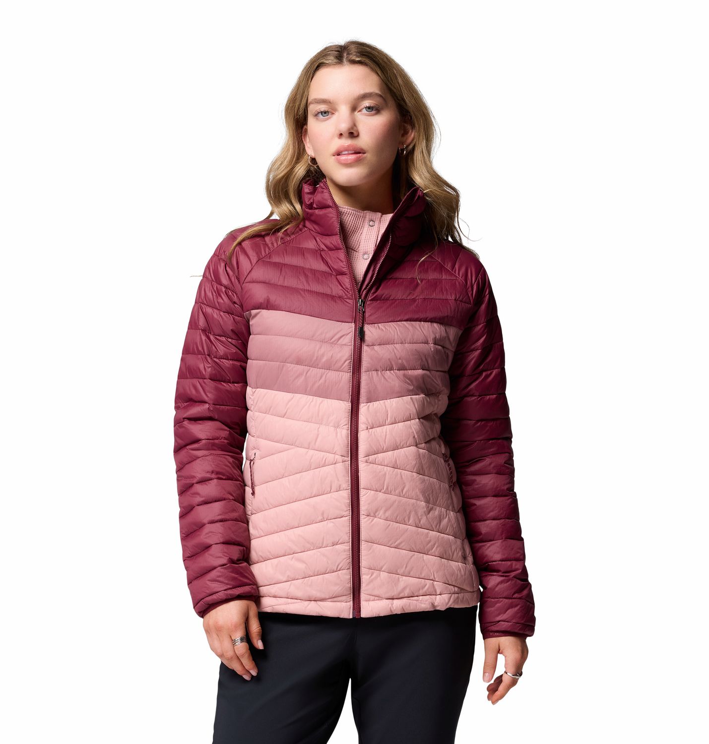 MAIN IMAGE OF COLUMBIA WOMENS POWDER PASS™ WINTER JACKET IN ERASER PINK/FIG/RICH WINE SMALL WITH WA…