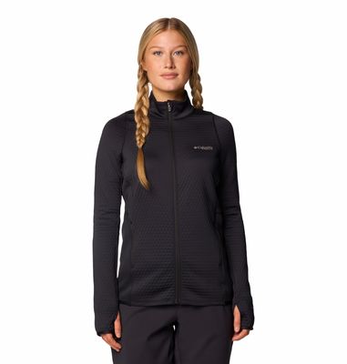 FRONT VIEW OF COLUMBIA WOMENS CRYSTAL LEAF™ OMNI-HEAT™ HELIX FULL ZIP SWEATER FEATURES MEDIUM WARMT…