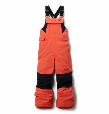 FRONT VIEW OF COLUMBIA YOUTH HOLCOMB GROVE™ BIB SNOW PANT FEATURES BREATHABLE WATERPROOFING AND ROO…