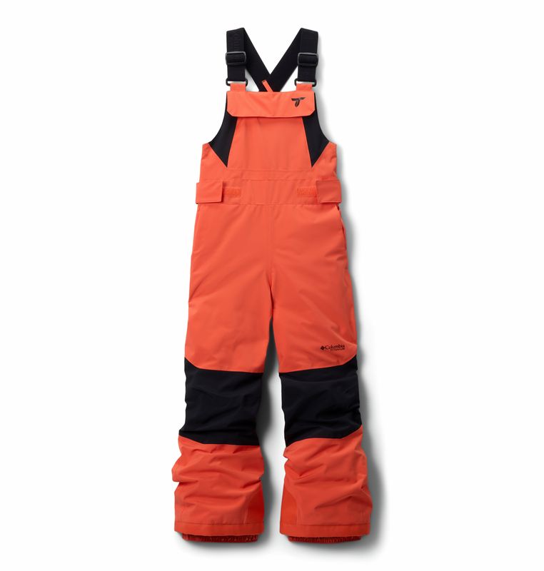 FRONT VIEW OF COLUMBIA YOUTH HOLCOMB GROVE™ BIB SNOW PANT FEATURES BREATHABLE WATERPROOFING AND ROO…