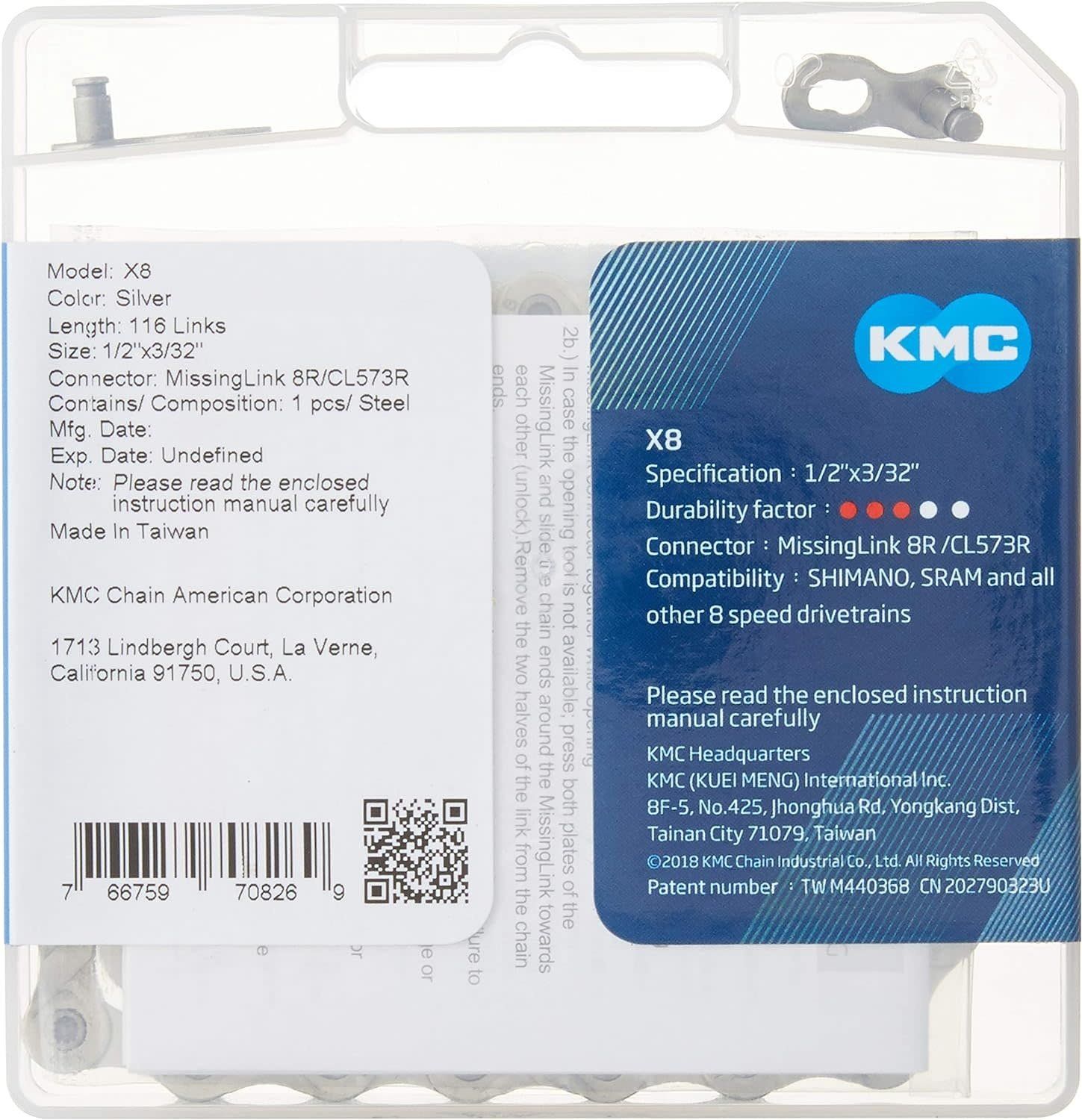 KMC, X8 NP/GY, Chain, 6/7/8sp 116 links, Silver