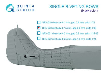 QRV-020 - Single riveting rows (rivet size 0.15 mm, gap 0.6 mm, suits 1/48 scale), Black color, total length 6.2 m/20 ft
