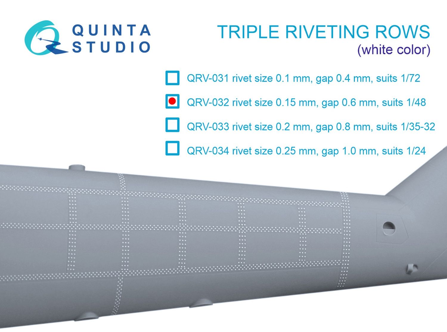 QRV-032 - Triple riveting rows (rivet size 0.15 mm, gap 0.6 mm), White color, total length 4.4 m/14 ft - 1:48