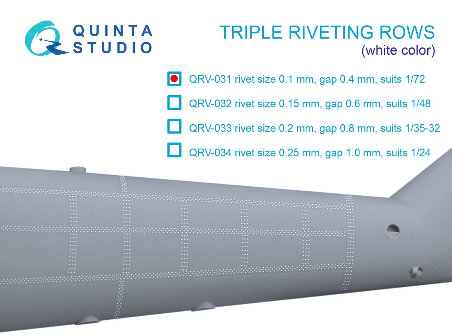 QRV-031 - Triple riveting rows (rivet size 0.10 mm, gap 0.4 mm), White color, total length 6.6 m/22 ft - 1:72