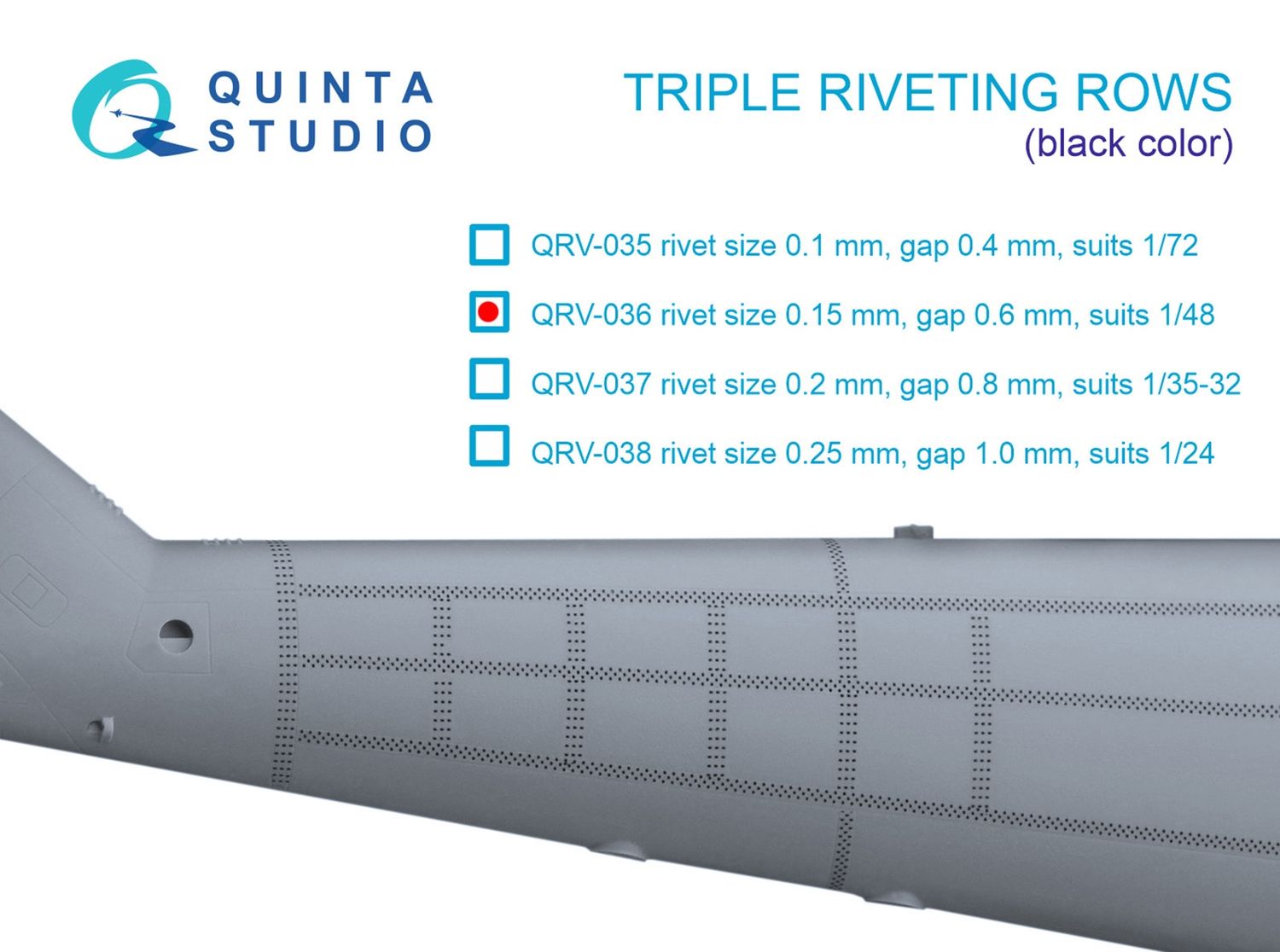 QRV-036 - Triple riveting rows (rivet size 0.15 mm, gap 0.6 mm), Black color, total length 4.4 m/14 ft - 1:48