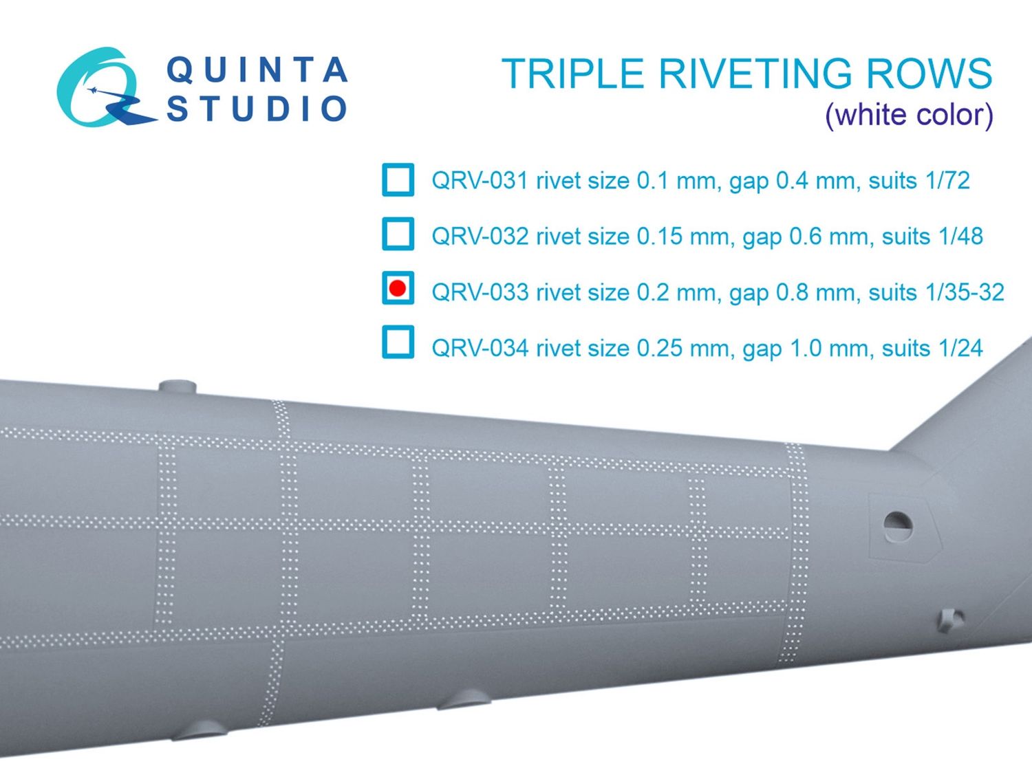 QRV-033 - Triple riveting rows (rivet size 0.20 mm, gap 0.8 mm), White color, total length 3,7 m/12 ft - 1:32