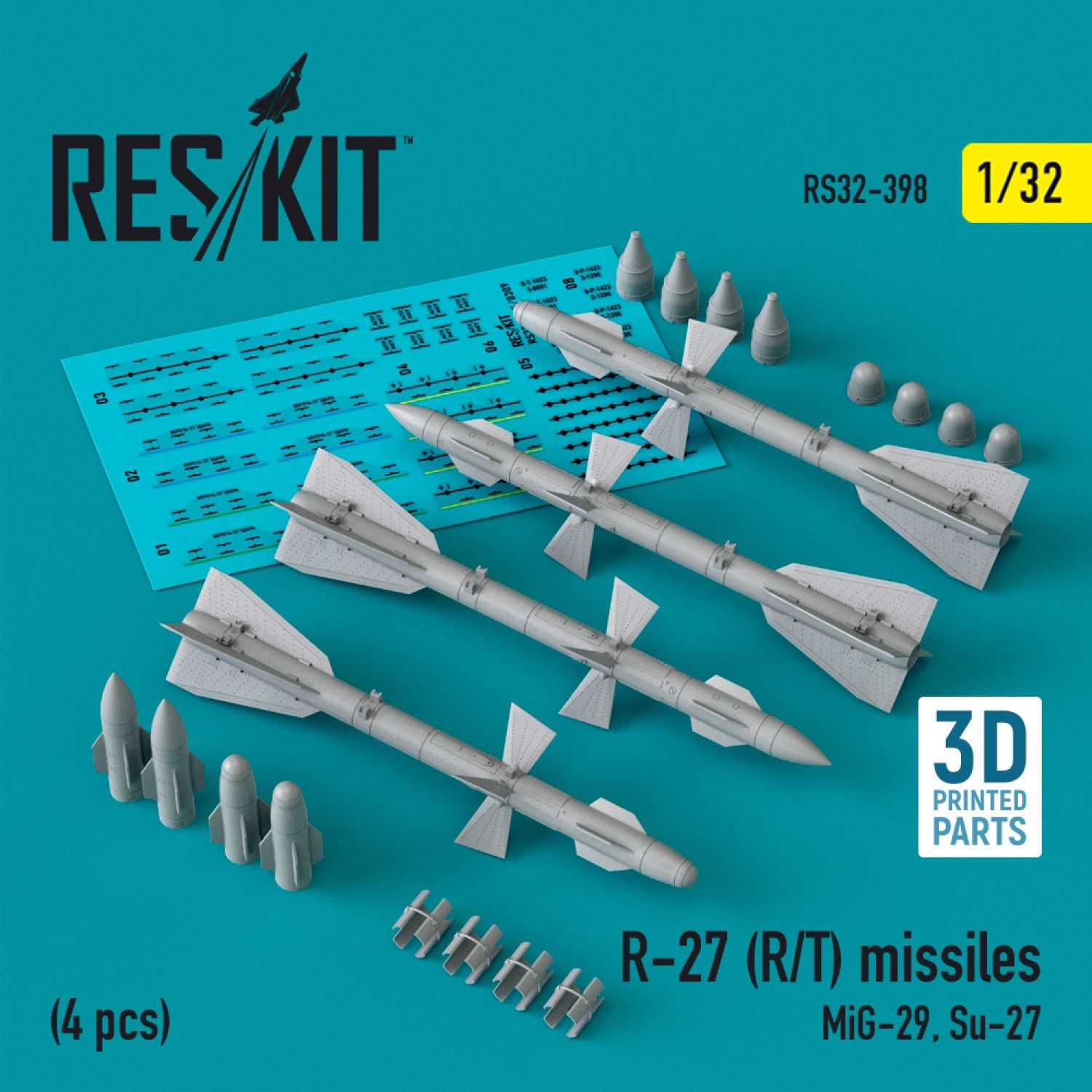 RS32-0398 - R-27 (R/T) missiles (4 pcs) (MiG-29, Su-27) (3D Printed)  - 1:32