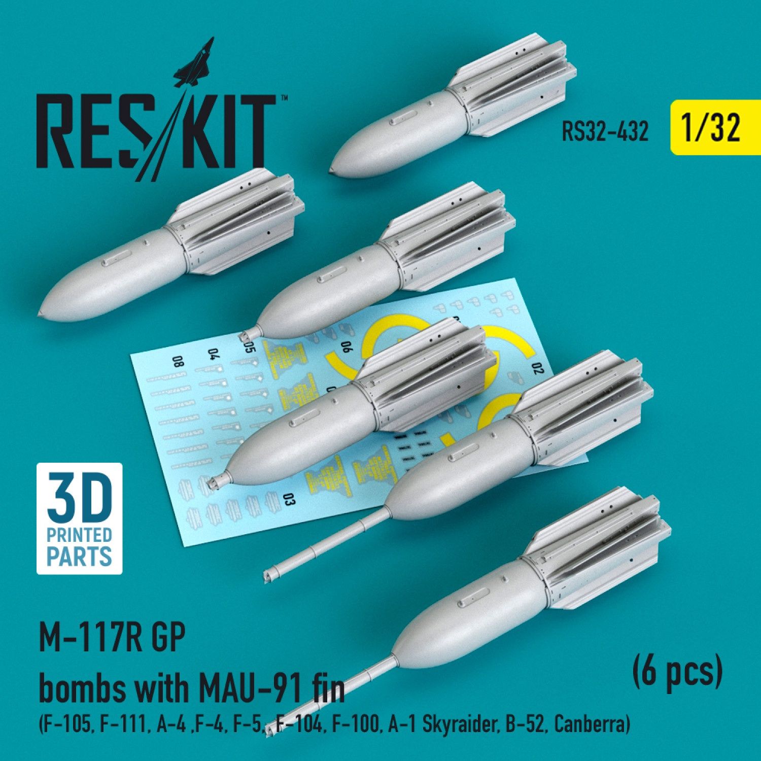 RS32-0432 - M-117R GP bombs with MAU-91 fin (6 pcs) (F-105, F-111, A-4 ,F-4, F-5, F-104, F-100, A-1 Skyraider, B-52, Canberra) - 1:32