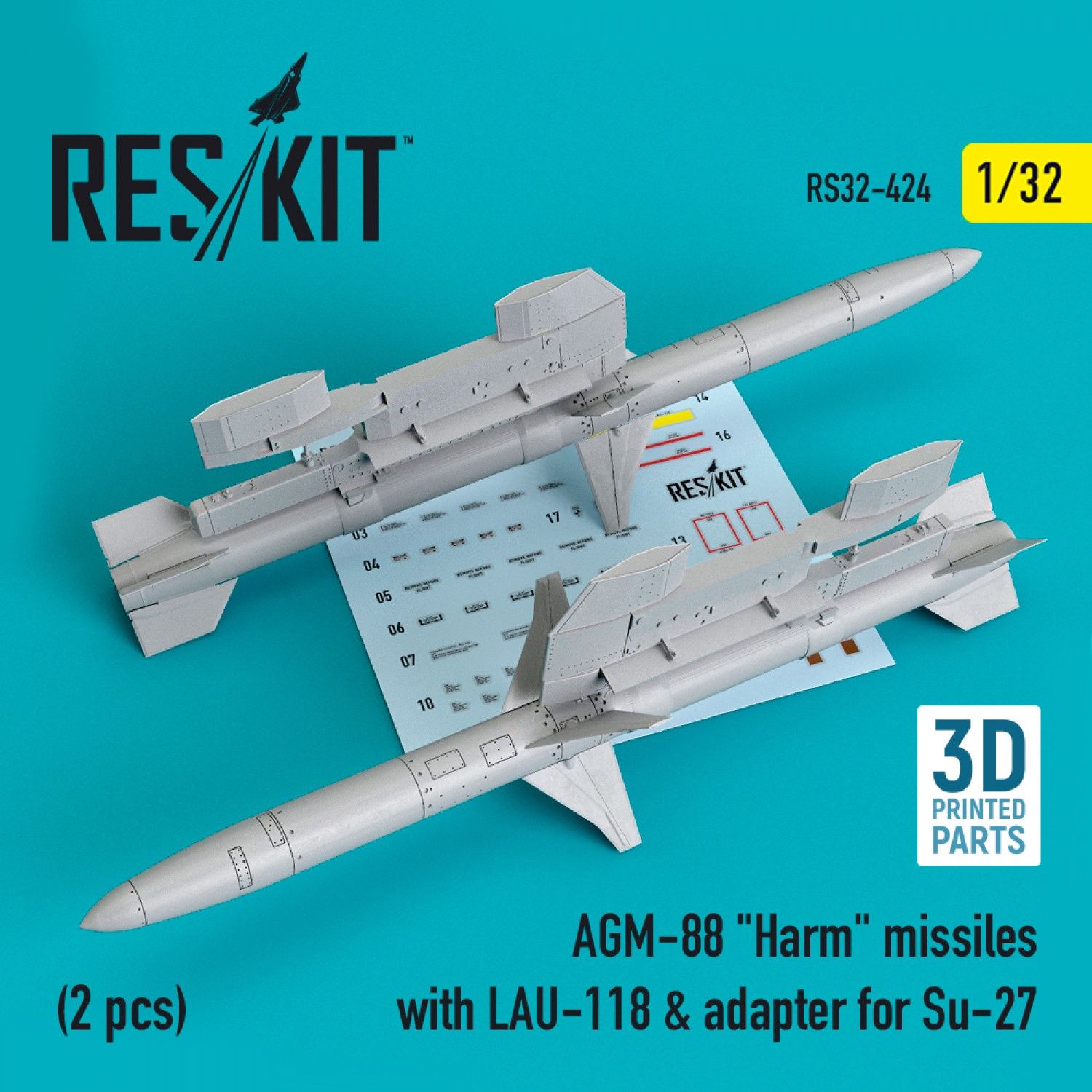 RS32-0424 - AGM-88 &quot;Harm&quot; missiles with LAU-118 &amp; adapter for Su-27 (2 pcs) - 1:32