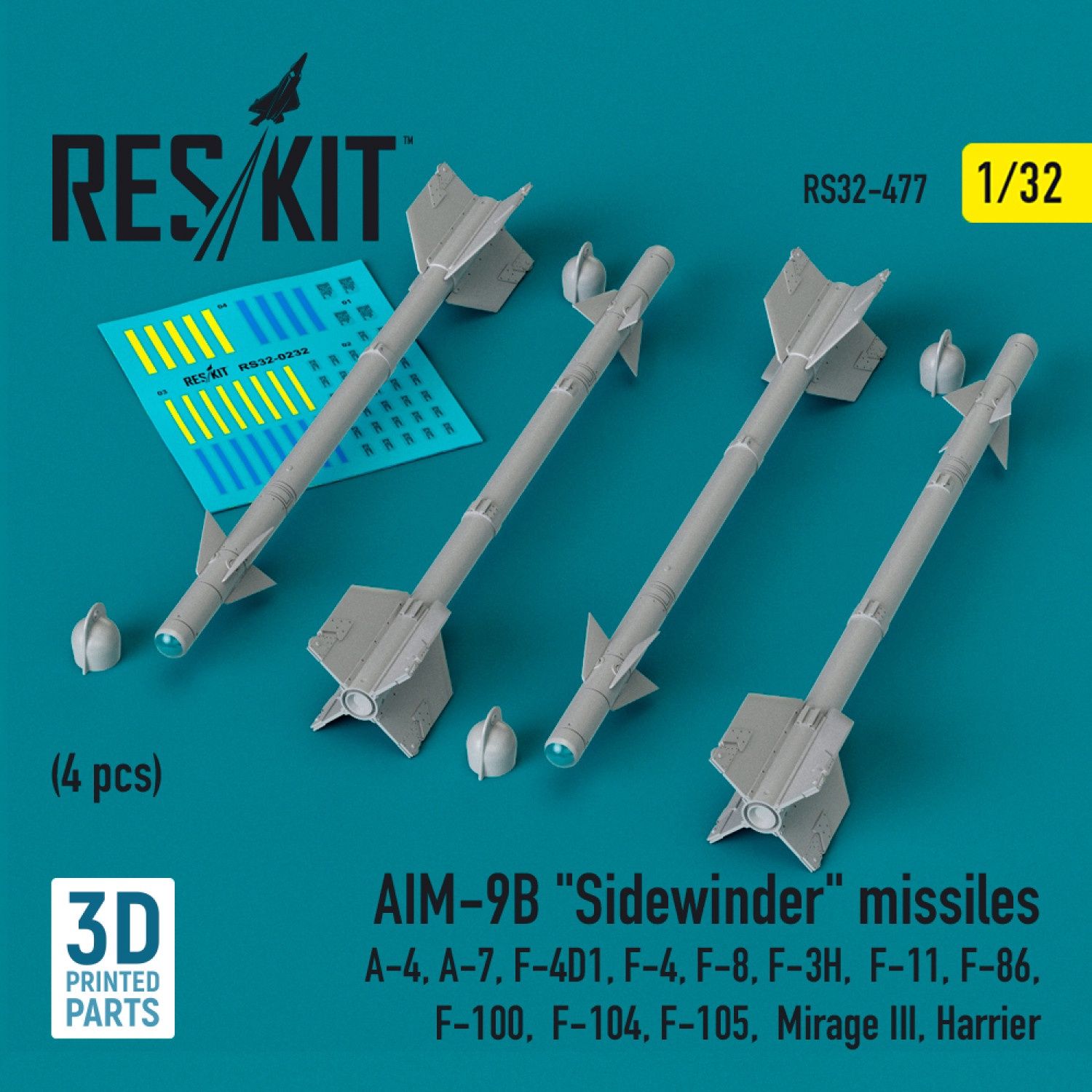 RS32-0477 - AIM-9B &quot;Sidewinder&quot; missiles (4 pcs) (A-4, A-7, F-4D1, F-4, F-8, F-3H,  F-11, F-86,F-100,  F-104, F-105,  Mirage III, Harrier) (3D Printed)  - 1:32
