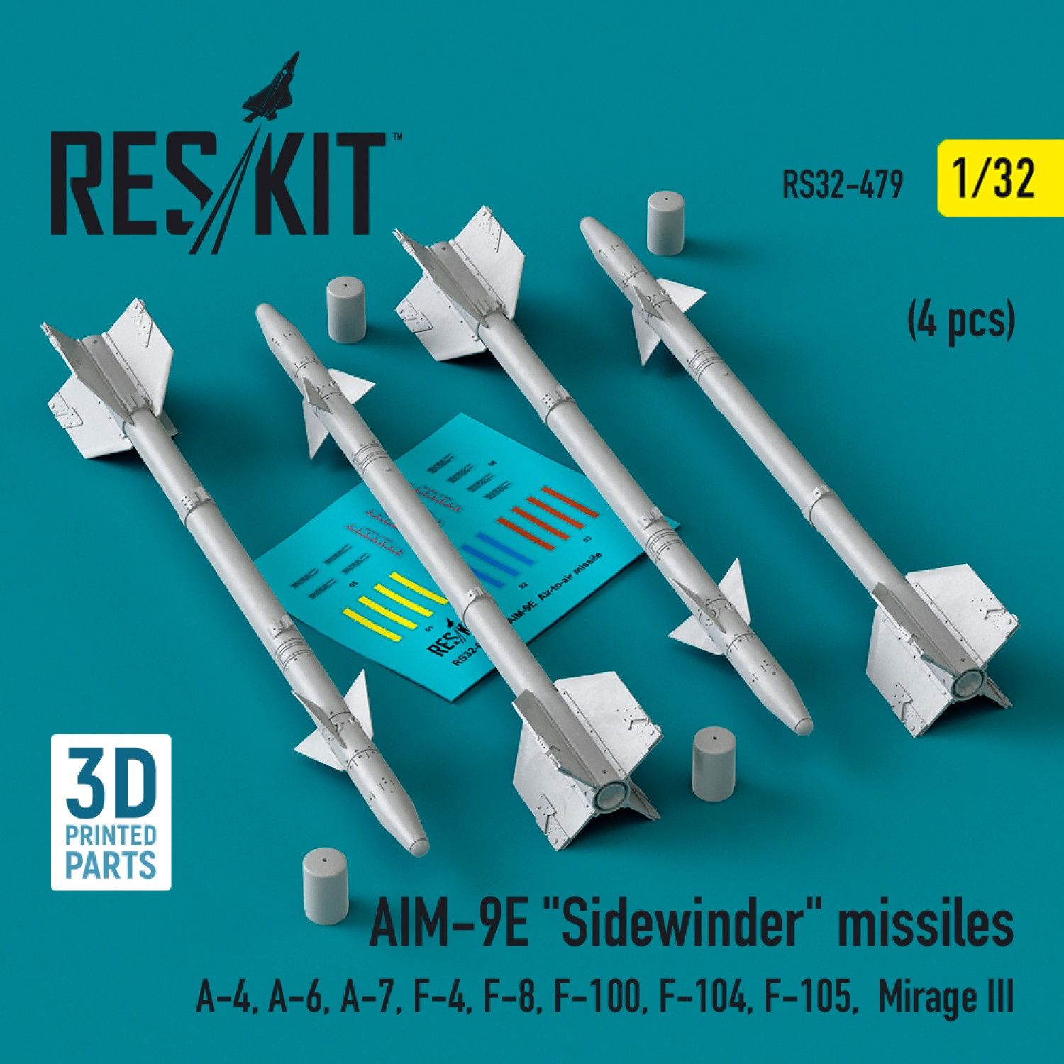RS32-0479 - AIM-9E &quot;Sidewinder&quot; missiles (4 pcs) (A-4, A-6, A-7, F-4, F-8, F-100, F-104, F-105,  Mirage III) (3D Printed)  - 1:32