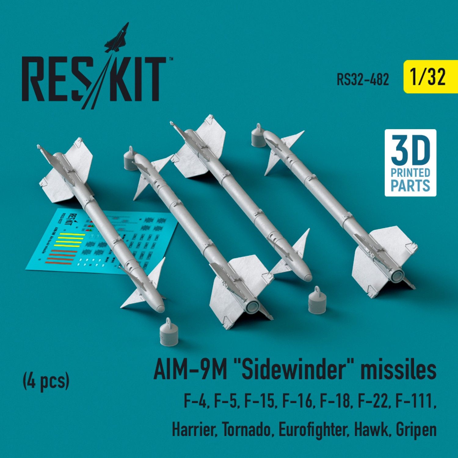 RS32-0482 - AIM-9M &quot;Sidewinder&quot; missiles (4 pcs)  (F-4, F-5, F-15, F-16, F-18, F-22, F-111, Harrier, Tornado, Eurofighter, Hawk, Gripen) (3D Printed)  - 1:32