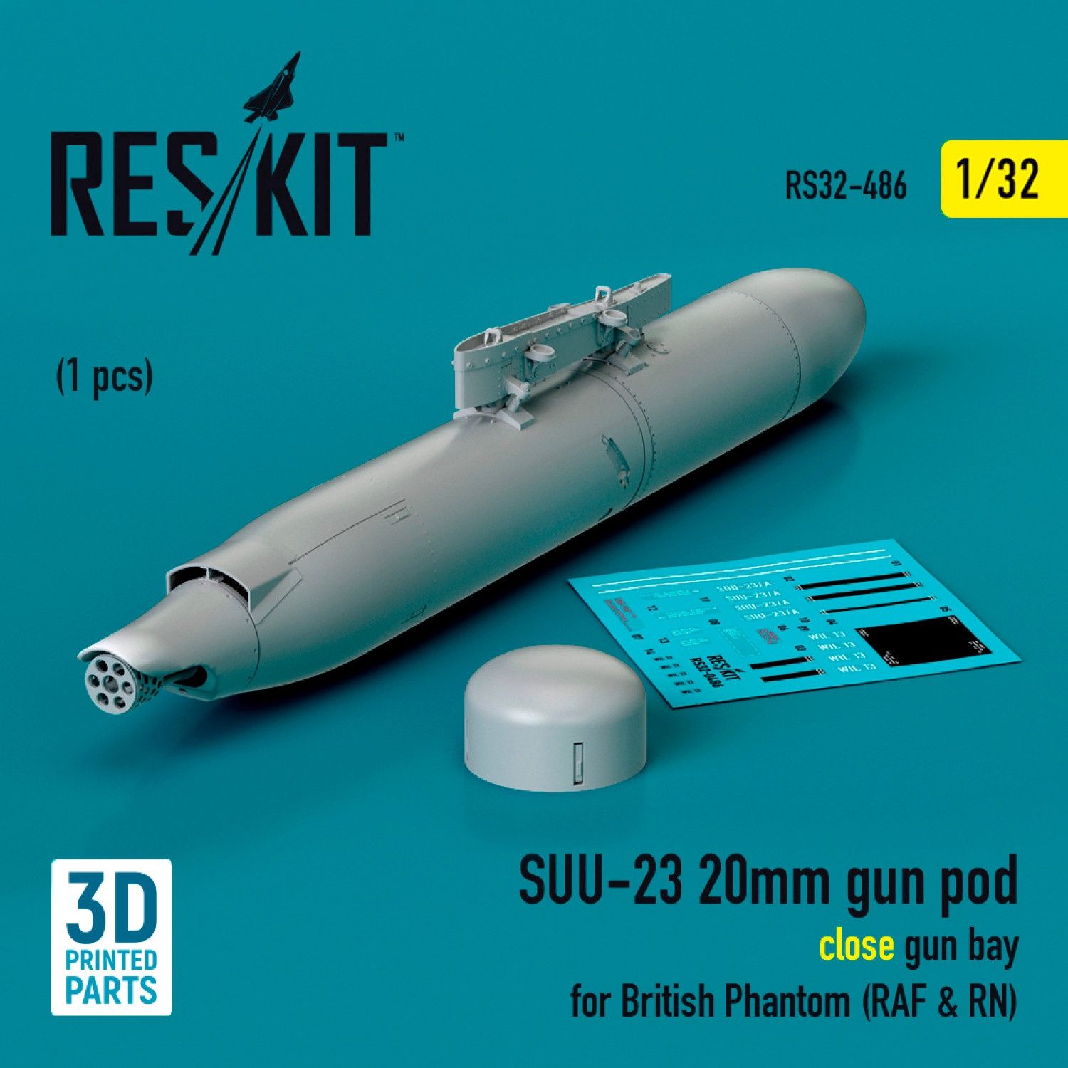 RS32-0486 - SUU-23 20mm gun pod (close gun bay) for British Phantom (RAF &amp; RN) (1 pcs) (3D Printed)  - 1:32