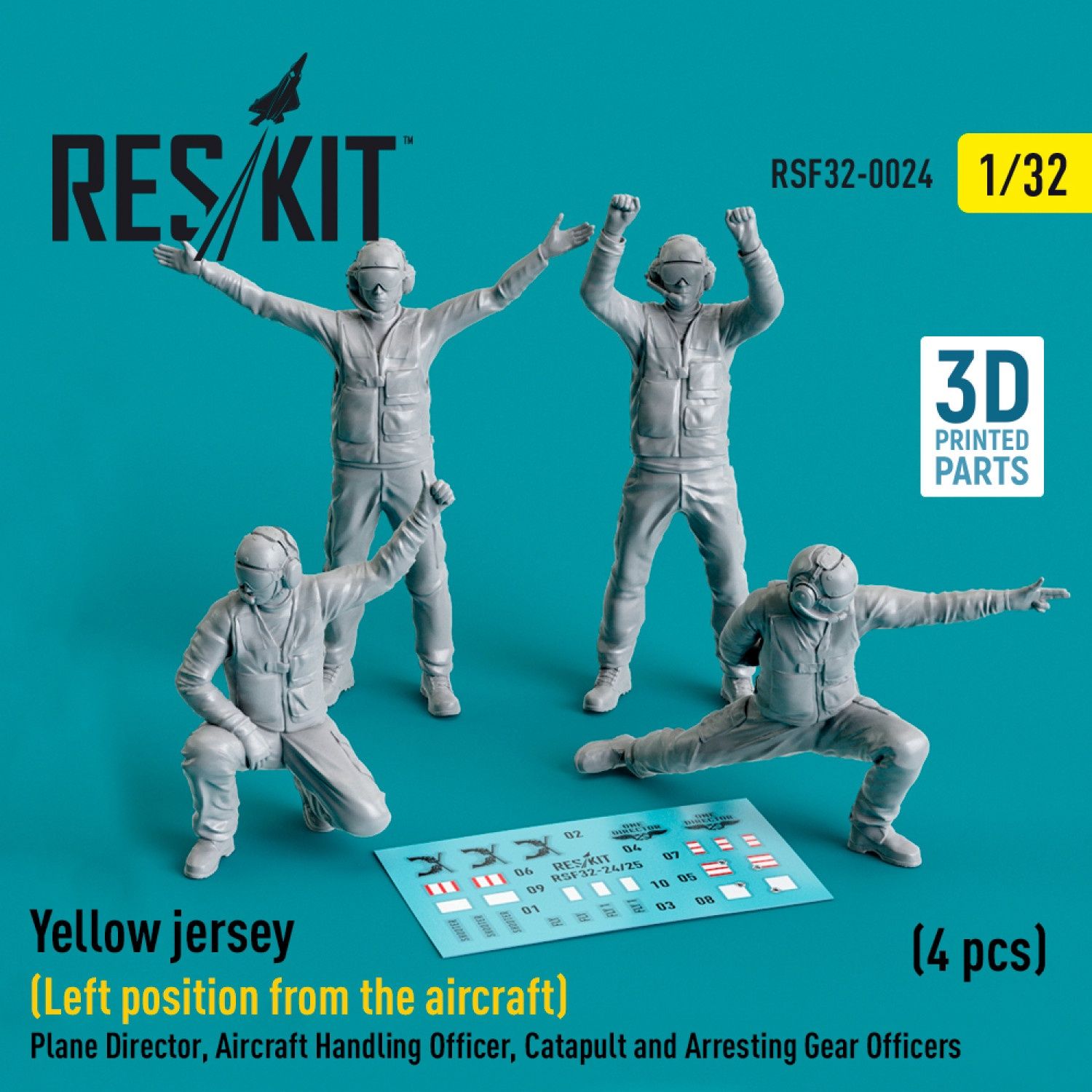 RSF32-0024 - Yellow jersey (Modern) (Left position from the aircraft) Plane Director, Aircraft Handling Officer, Catapult and Arresting Gear Officers (4 pcs) (3D Printed)  - 1:32