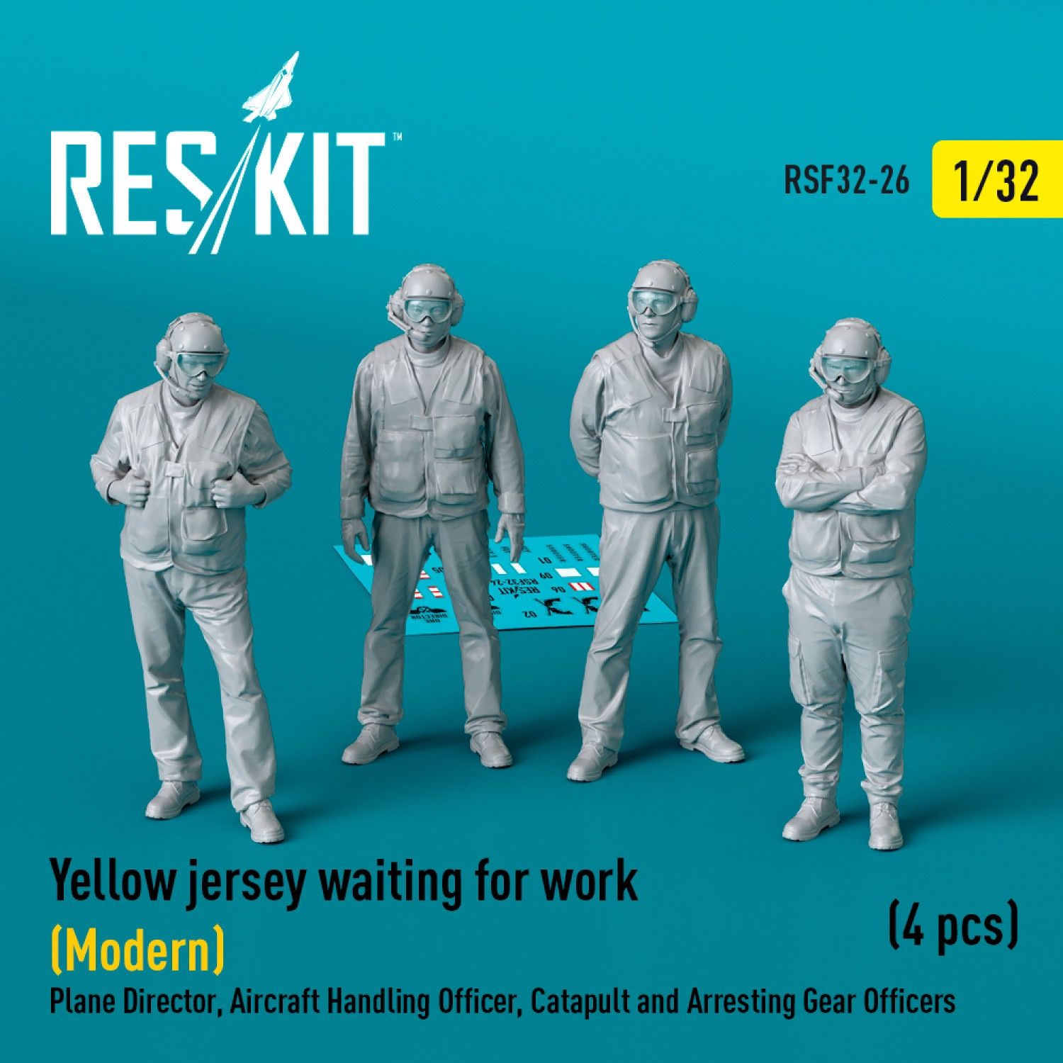 RSF32-0026 - Yellow jersey waiting for work (Modern) Plane Director, Aircraft Handling Officer, Catapult and Arresting Gear Officers (4 pcs) (3D Printed)  - 1:32