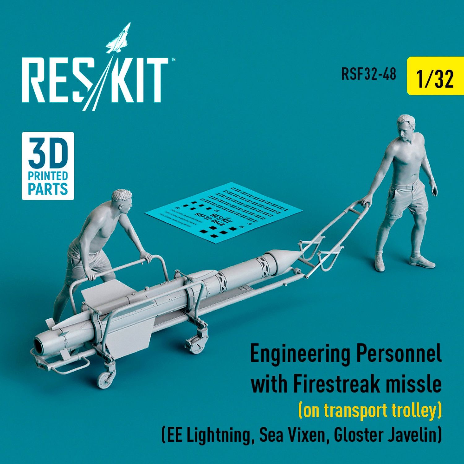 RSF32-0048 - Engineering Personnel with Firestreak missile (on transport trolley)  (EE Lightning, Sea Vixen, Gloster Javelin) (3D Printed)  - 1:32