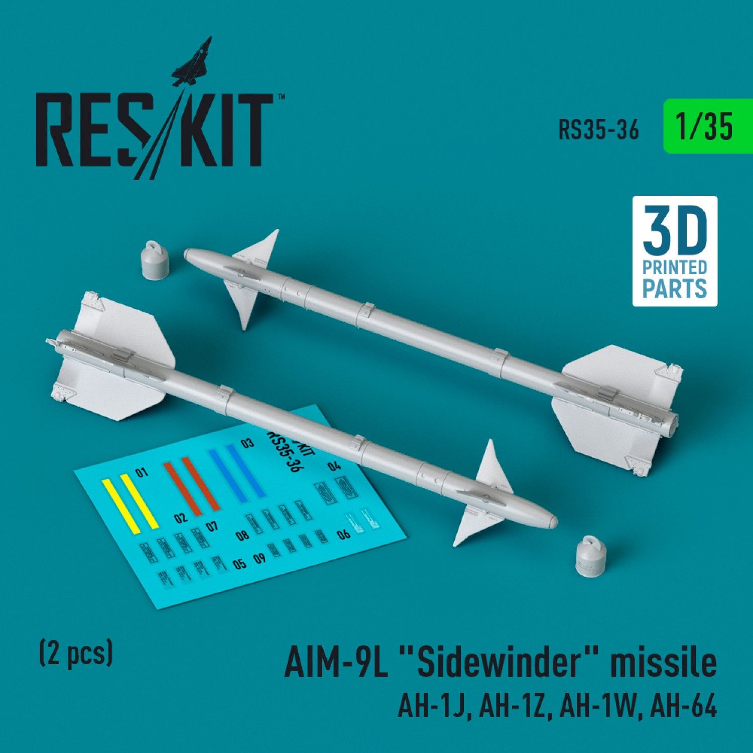 RS35-0036 - AIM-9L &quot;Sidewinder&quot; missile (AH-1J, AH-1Z, AH-1W, AH-64) (2 pcs) (3D Printed)  - 1:35