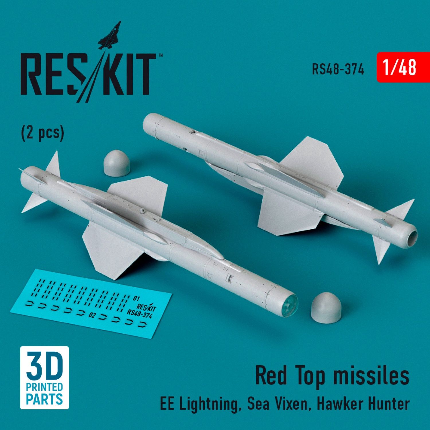 RS48-0374 - Red Top missiles (2pcs) (EE Lightning, Sea Vixen, Hawker Hunter) (3D Printed)  - 1:48